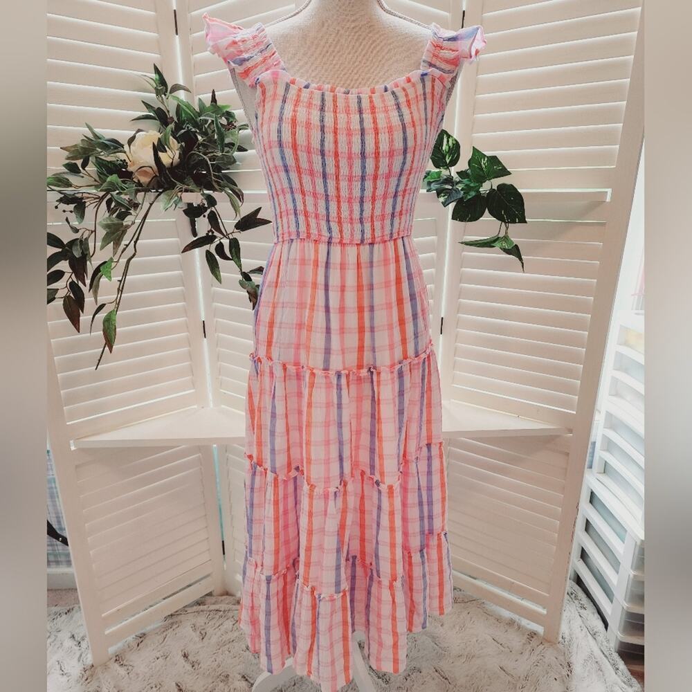 STORIA MULTICOLOR RUFFLE TIERED MAXI PLAID DRESS SIZE SMALL